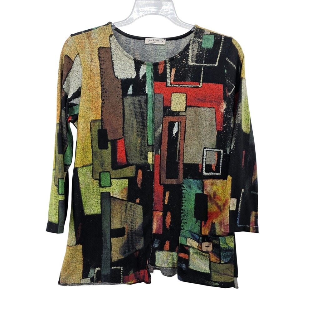 Jess & Jane Cubes Abstract Geometric Print Top 3/4 Sleeve Multi Color High-low M